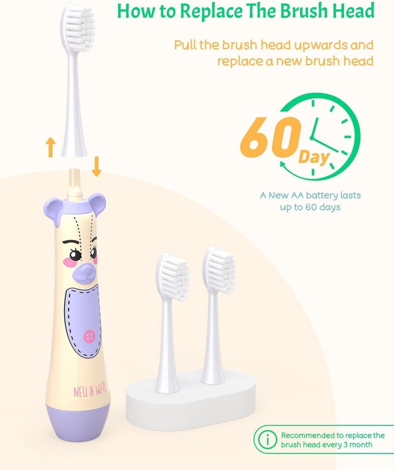 NELLWELL Kids Electric Toothbrush, 2-Min Timer, 3 Modes with Memory, IPX 7 Waterproof, Battery Powered Kids Toothbrush with 3 Soft Bristles Heads for Children Boys and Girls Ages 3+… - Image 4
